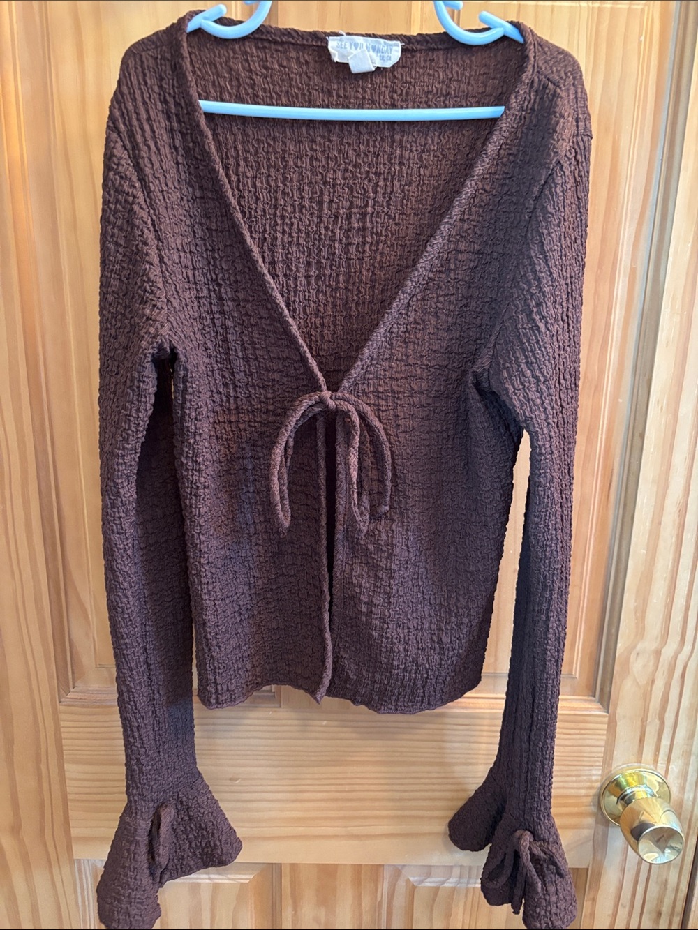 Women’s Brown Tie-Front Textured Knit Top
